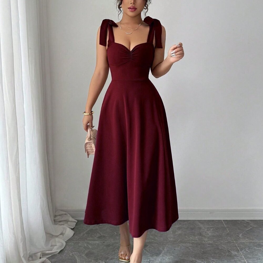 Burgundy Elegant Women's Sleeveless Tie-Up Cinched Waist A-Line Romantic Dress